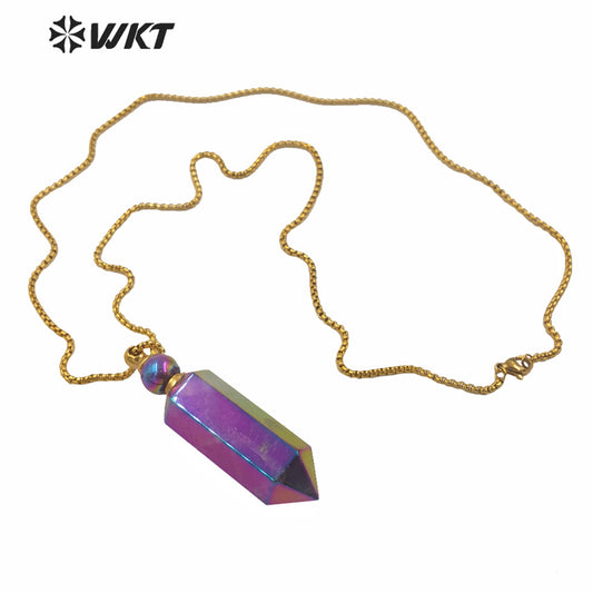 WT-N1260 Wholesale Natural Amethyst Spirit Quartz Point Necklace with Aura Amazing Gold Steel Stone Point Perfume Necklace