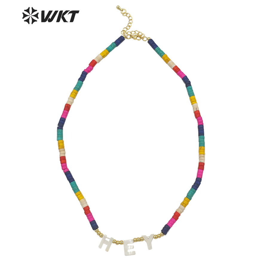 WT-JN159 Elegant Fashion Lady Colorful Turquoise Beads Necklace Vintage Bohemian Style 16 Inch Letters Charm Beads Necklace
