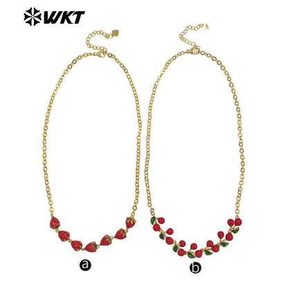 WT-JFN40 Wholesale Ladies Trendy Necklace Multi Cherries And Strawberries Yellow Brass With Drop Oil Anniversary Accessories