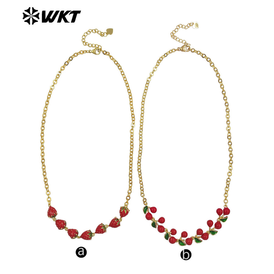 WT-JFN40 Wholesale Ladies Trendy Necklace Multi Cherries And Strawberries Yellow Brass With Drop Oil Anniversary Accessories