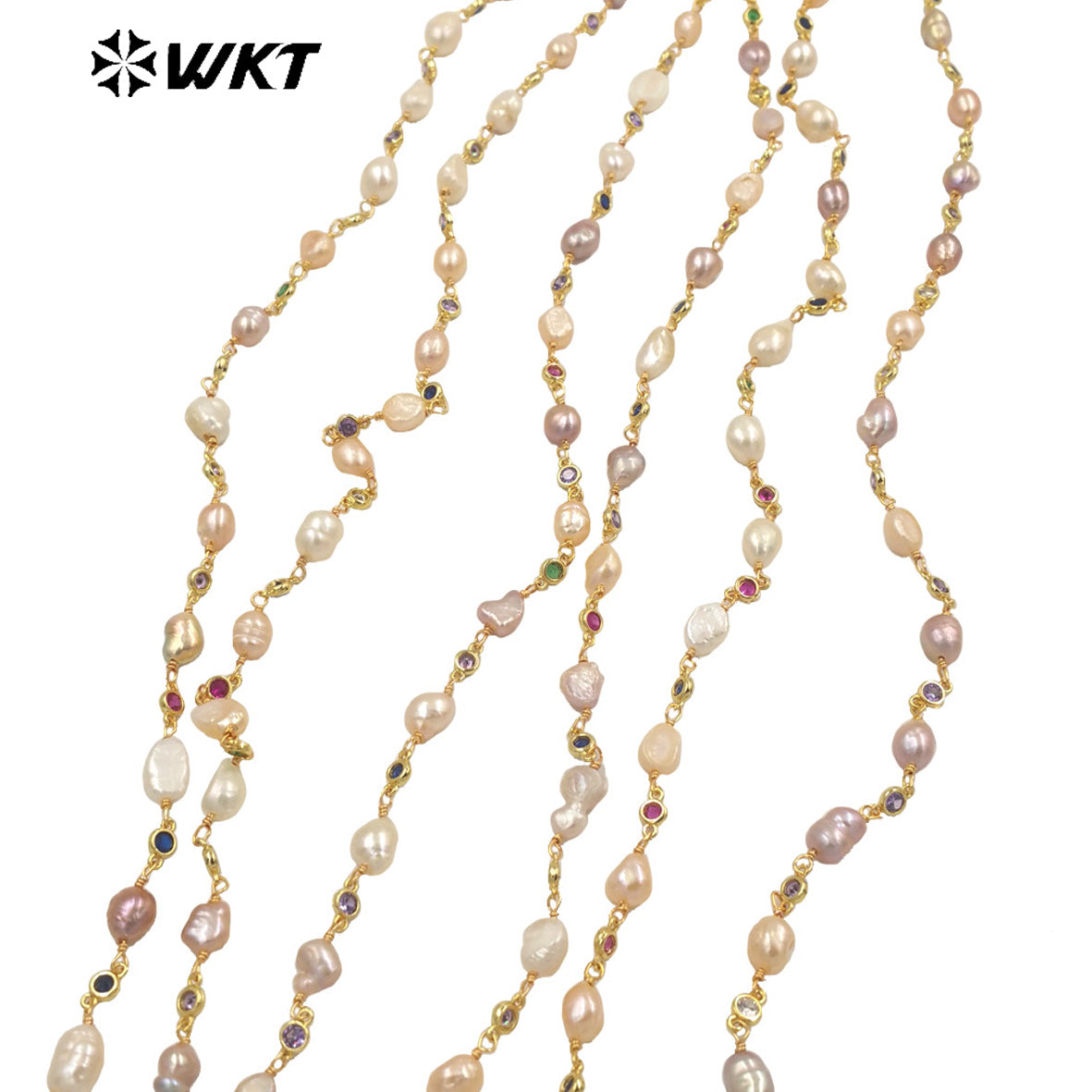 WT-RBC218 Wholesale Precious Handmade Natural Irregular Pearl Mix Colorful Cubic Zircon Beads Chain for Jewelry Design by Meters