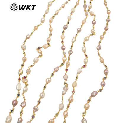 WT-RBC218 Wholesale Precious Handmade Natural Irregular Pearl Mix Colorful Cubic Zircon Beads Chain for Jewelry Design by Meters