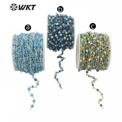 WT-RBC185 Wholesale Gold and Black Gund Electroplated 4 mm Glass Evil Eye Beads Chain for Jewelry Making Chain Round Rosary Eye