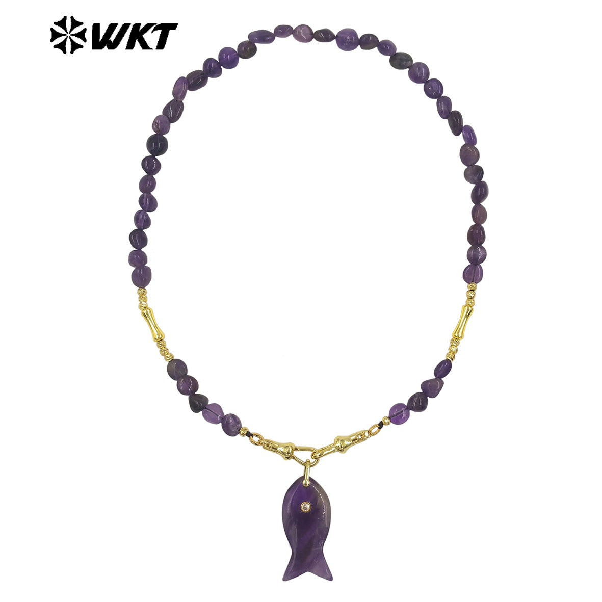 WT-N1522 Wonderful Stone Beads Splicing Metal Gold Chain With Natural Gemstones Fish Shape Pendant Necklaces For Women Gift