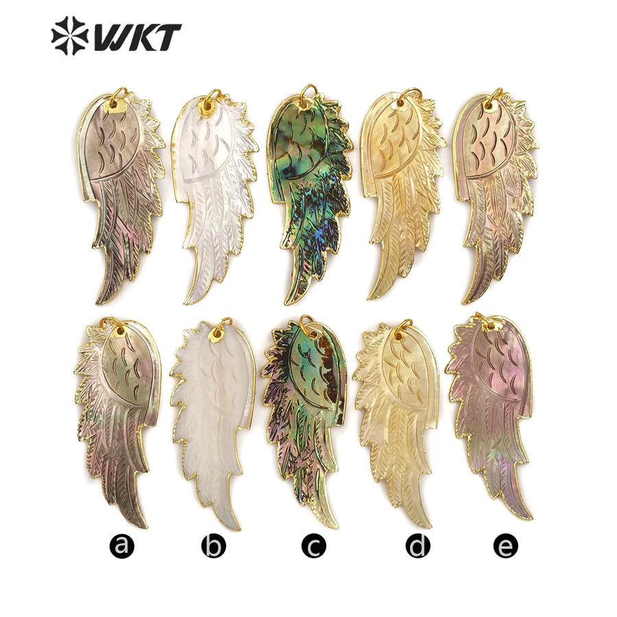 WT-P853 Hot Exclusive Natural Hand Carved Shell Feather Pendant 18k Gold Dipped Shell Feather Pendant