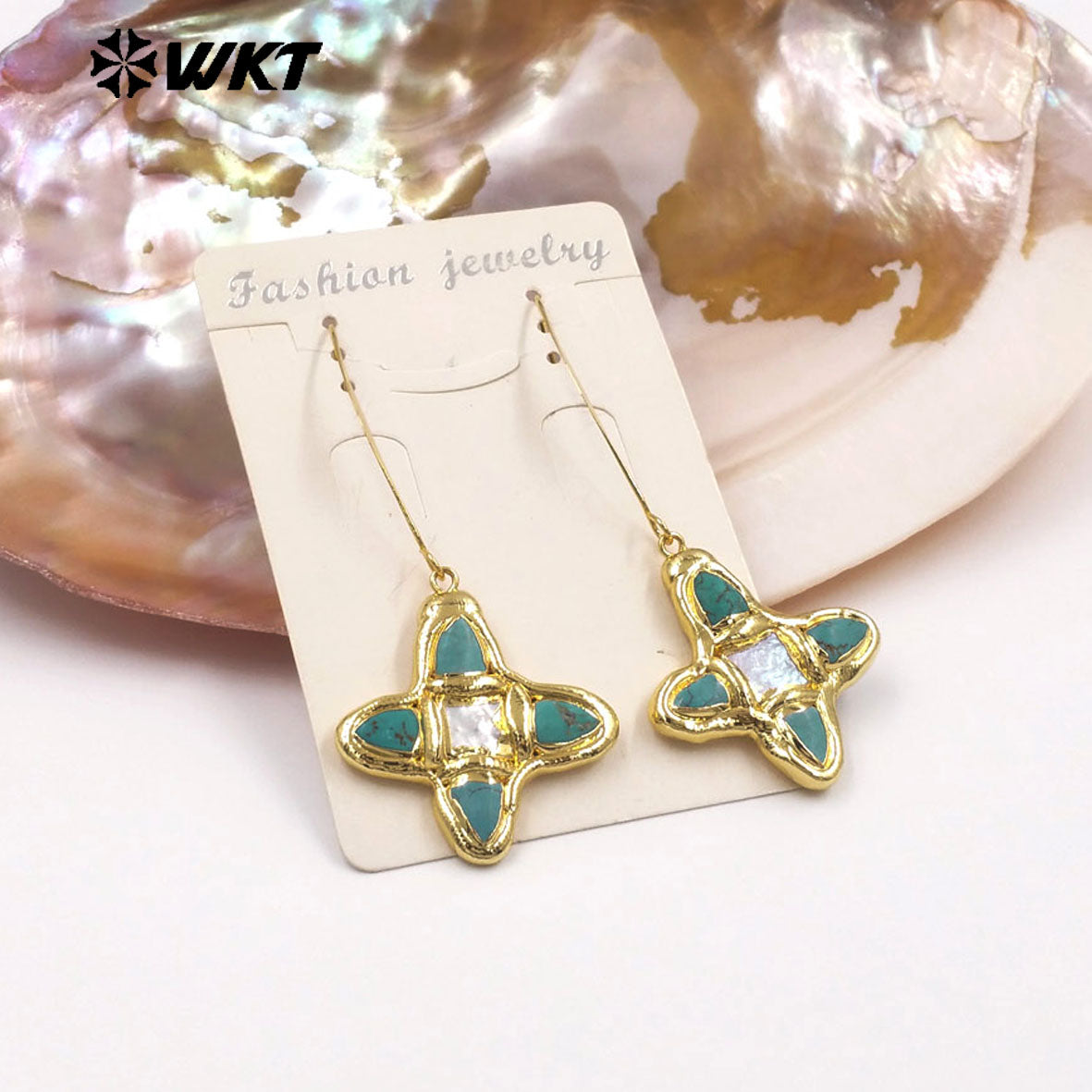 WT-E804 Popular Style Gold Electroplated Natural Turquoise And Pearl Cross Pendant Long Earrings As Women Daily Decorations