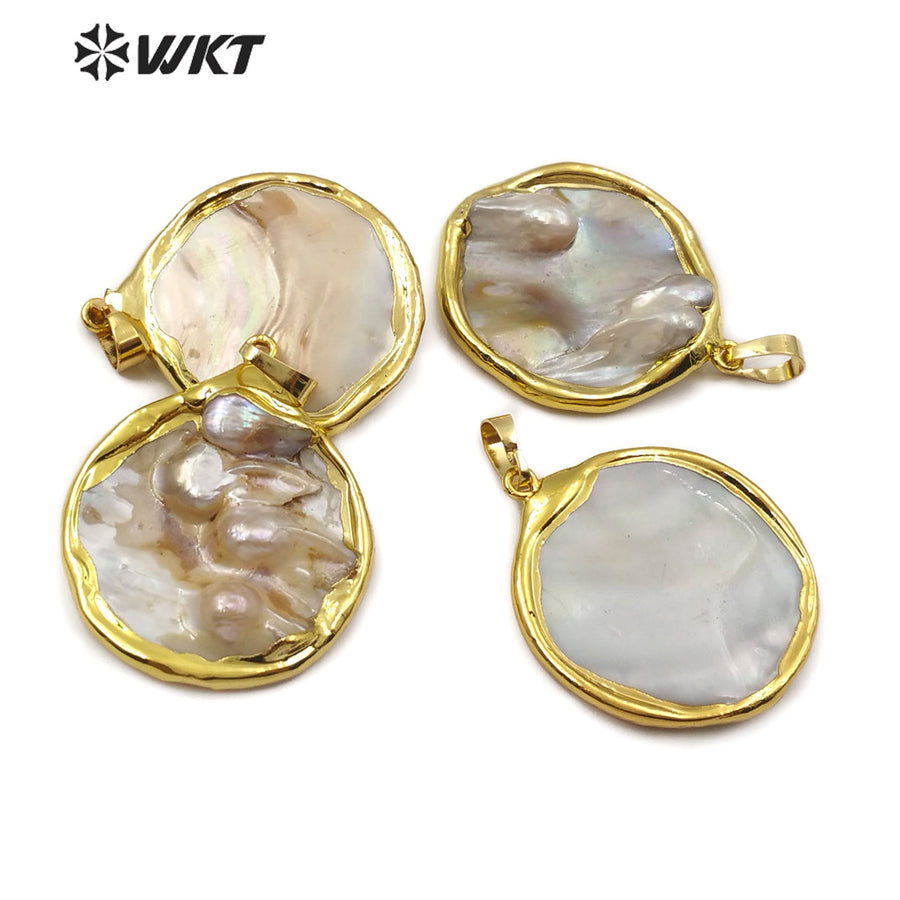 WT-JP143 Wholesale Natural Pearl in 18K Gold Plated for Women Jewelry Size and Pearls Are Natural Round Mother of Pearl Pendant