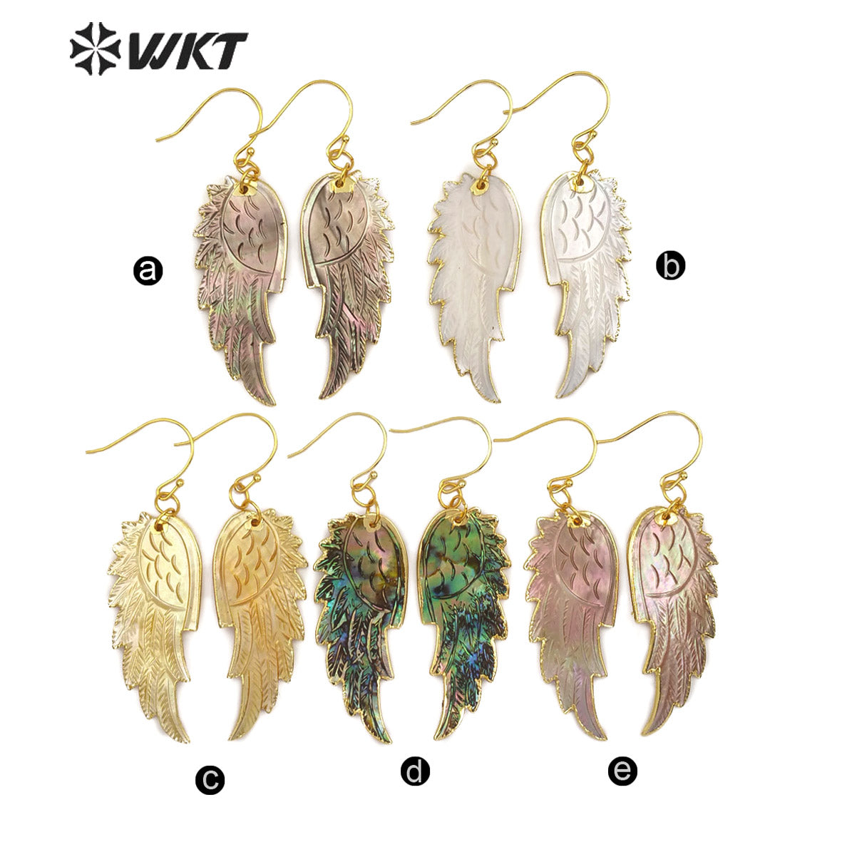 WT-E242 Newest Gorgeous Natural Genuine Abalone Shell Feather Earrings 18K Gold Dipped Carved Shell Feather Earrings