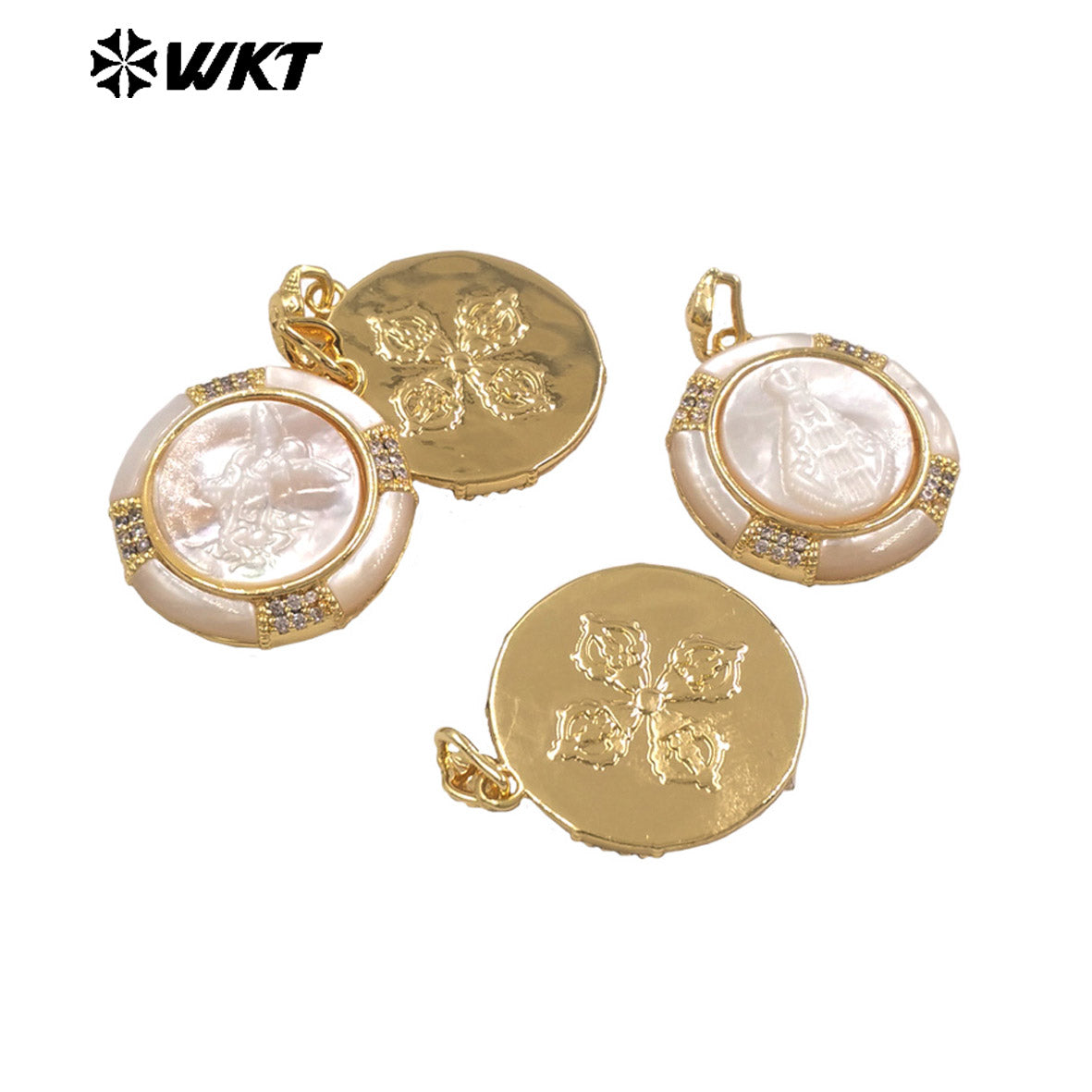 WT-JP468 Minimalist 18K Gold Plated Zircon And Natural Shell Round Religious Styles Pendants For Fashion Necklace Making