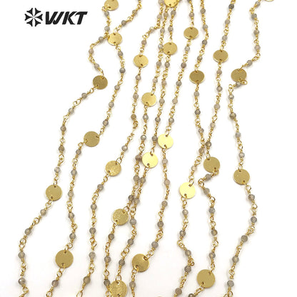 WT-RBC149 Shiny Labradorite Beads Chain Stylish Gold Plated Labradorite Rosary Beads Chain for DIY Jewelry Making