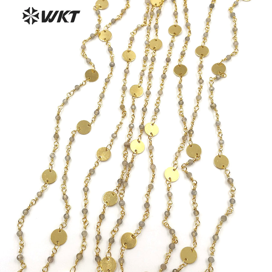 WT-RBC149 Shiny Labradorite Beads Chain Stylish Gold Plated Labradorite Rosary Beads Chain for DIY Jewelry Making