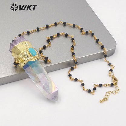 WT-N1252 Wholesale Gold Electroplated Natural Aura Spirit Quartz Necklace Women Fashion Chunky Crystal Point Quartz Necklace