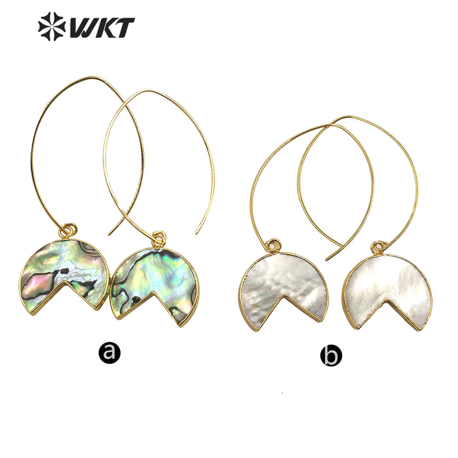 WT-E598 Fashion Gold Electroplated Half Round Abalone Shell Earrings Charming Swing Natural Abalone Shell Pendant Earrings