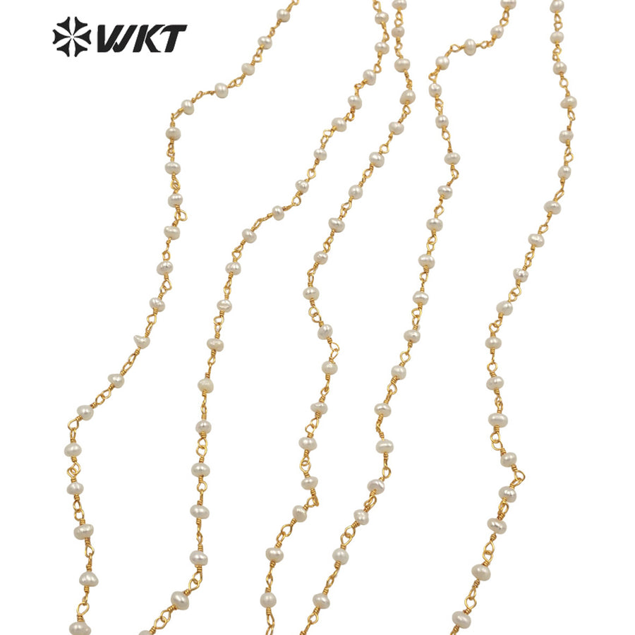 WT-RBC186 Amazing 18k Real Gold Plated Resist Tarnishable Natural Freshwater Pearl Beads Chain for Jewelry Design Pearl Chain