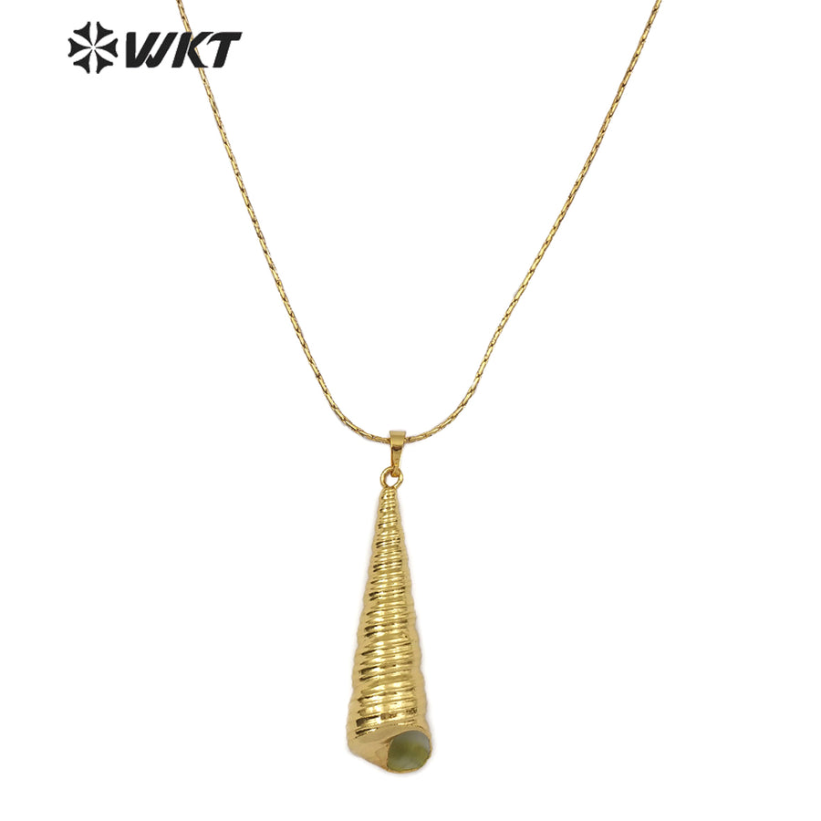 WT-JN073 Fashion Sea Shell Jewelry for Women Shell Pendant Full Gold Dipped Long Conch Pendant Trumpet Shell Necklace