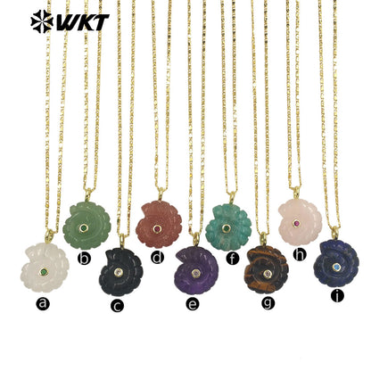 WT-N1510 Hot Sale Gold Thin Chain With Natural Gemstones Carved Trumpet Pendant Necklace As Women Daily Wearing Jewelry