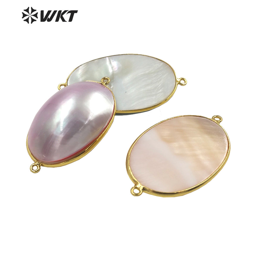 WT-JP339 Wholesale Fashion Double Loops Gold Bezel Shell Connectors Women Natural High Brightly Mabe Pendants for Necklace