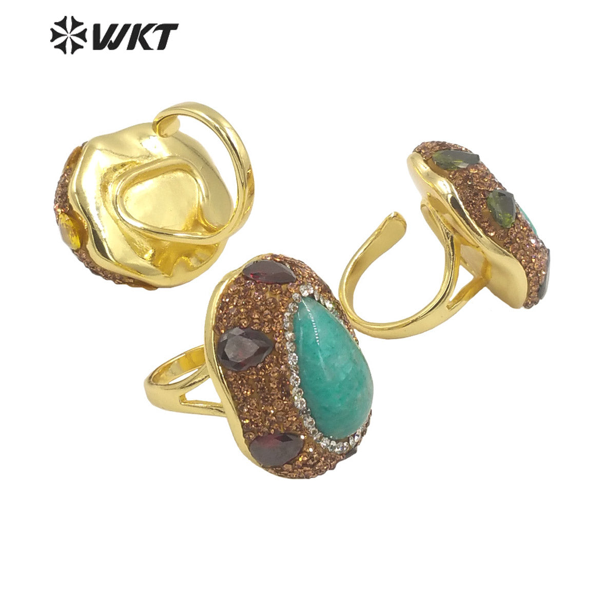 WT-R498 New Popular Vintage Style Rhinestone and Amazonite Turquoise Stone Setting Handmade Adjustable Sizee Gold Plated Ring