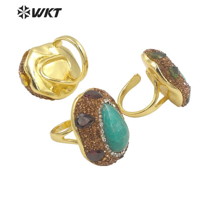 WT-R498 New Popular Vintage Style Rhinestone and Amazonite Turquoise Stone Setting Handmade Adjustable Sizee Gold Plated Ring