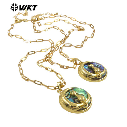 WT-JN332 High Quality Gold Plated Rectangle Chain With Natural Abalone Shell Round Pendant Necklace For Ladies Vintage Jewelry