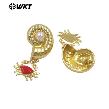 WT-ME133 High Quality Interesting Gold Plated Brass Shell And Crab Charm With Artificial Pearl Earrings For Ladies Party Gift