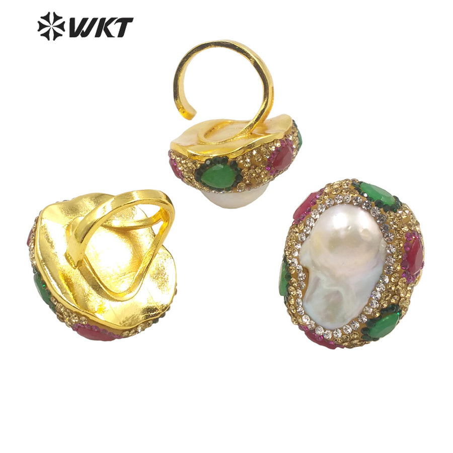 WT-MPR034 Pretty European and American Fashion Ball Pearl Ring Color Zircon Ring with 18k Gold Plated Adjustable Pearl Ring