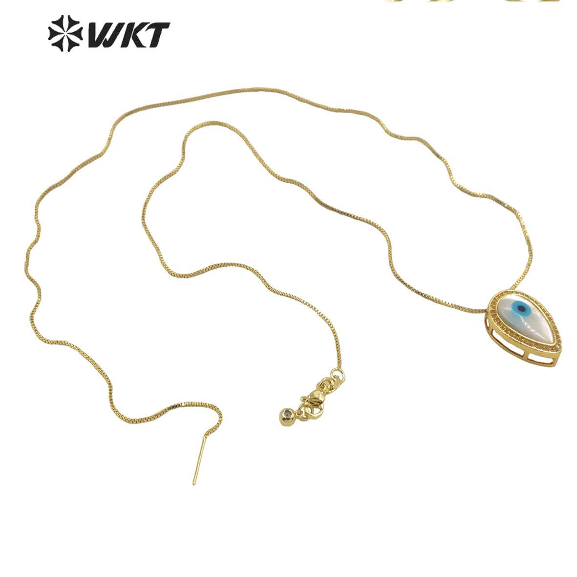 WT-MN972 Fashion Gold Electroplated Cubic Zircon Trim Natural Shell Teardrop Eye Necklace in Adjustable Women Turkey Necklace