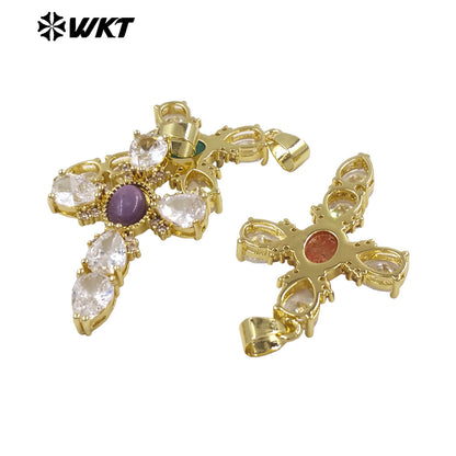WT-MP320 New Arrival 18K Gold Plated Natural Stones And Zircon Cross Pendants For Lady Trendy Necklace DIY Accessories
