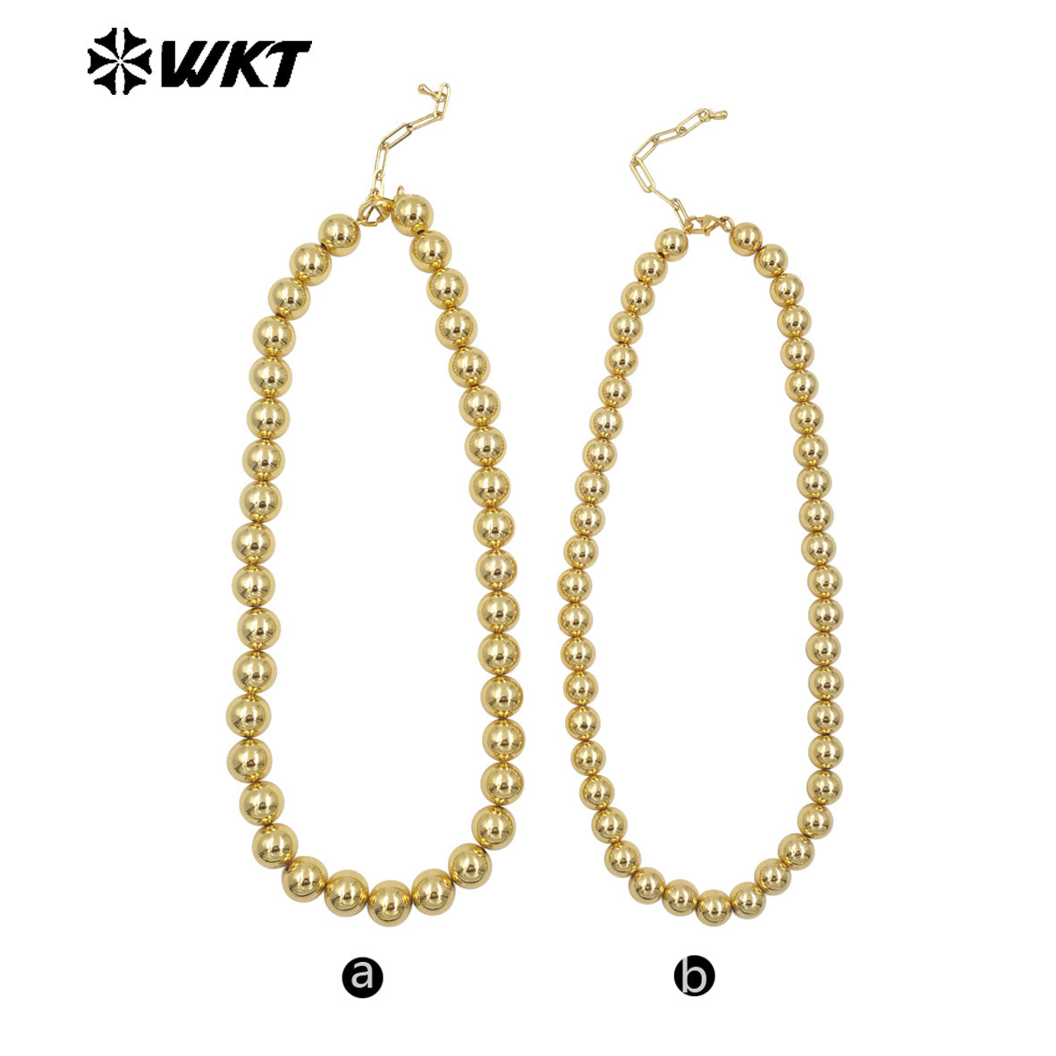 WT-JFN14 Fashionable 18K Real Gold Plated Round Big Brass Beads Hand Strand Chain Necklace 10 and 12MM Available