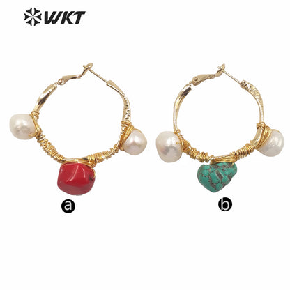 WT-MPE029 Amazing Hiperbole Women Fashion Real Stone Earrings Gold Handmade Wire Wrapped Big Hollow Ear Buckle Queen Party Ear