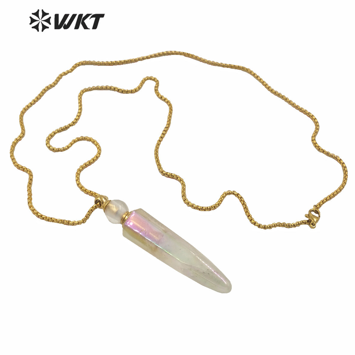 WT-N1258 Wholesales Gorgeous Long Angel Color Crystal Quartz Point Essential Oil Bottle Necklace Gorgeous Aura Stone Necklace