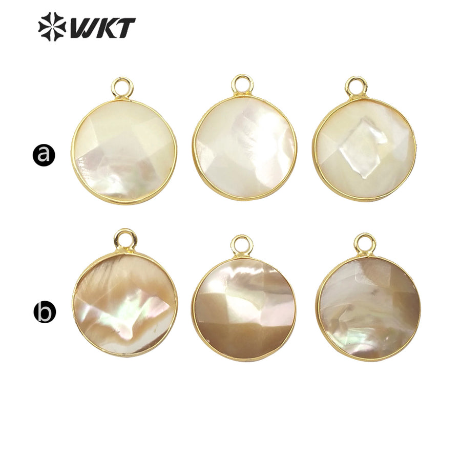 WT-JP182 Hot Sales Round Bezel Setting Shell Pendant 18k Gold Plated Stylish Women Charm Jewelry Natural Gold Shell Pendant