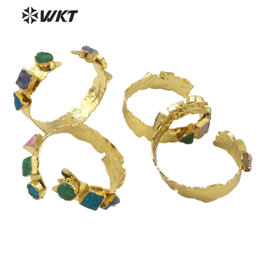 WT-B515 Newest 2020 Spring Colorful Natural Druzy Quartz Stone Bangle Women Fashion Gold Plated Bracelet