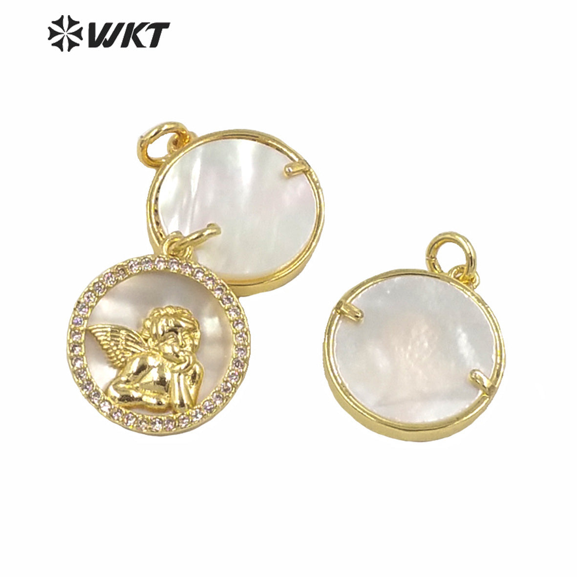 WT-MP161 Wholesale New Gold Electroplated Small Round Coin Angel Pendant Women Fashion Cubic Zircon Setting Angel Pendant Jewel