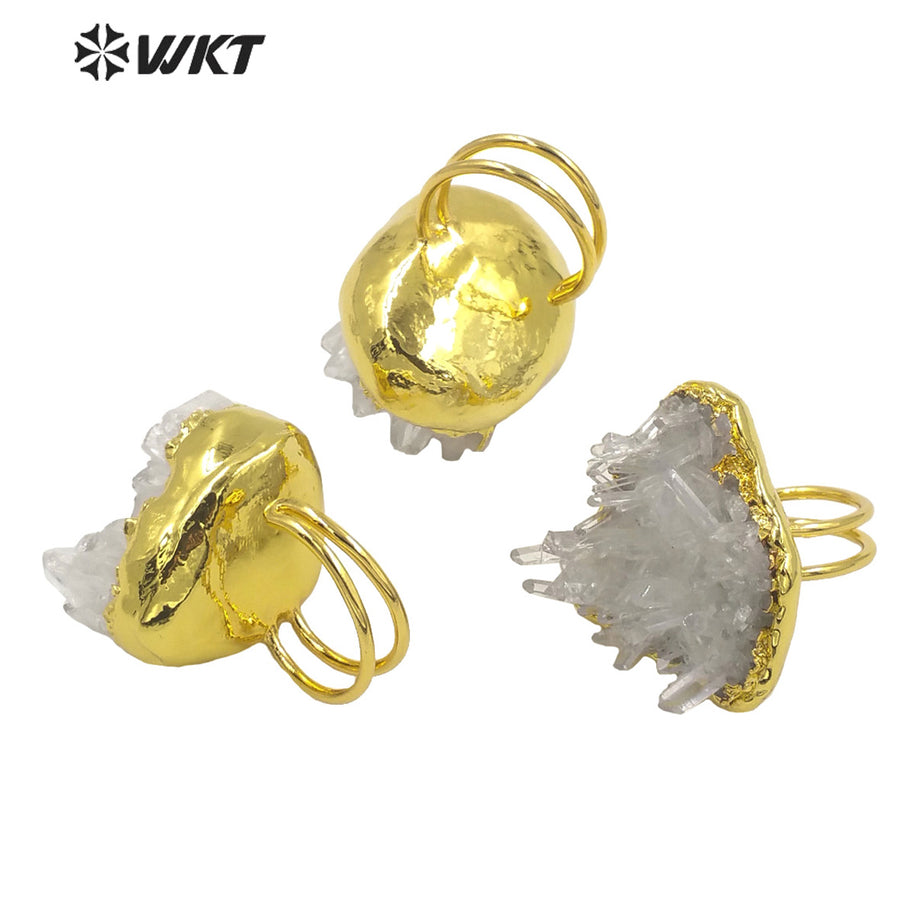 WT-R404 High Quality Natural White Cluster Quartz Pendant with 18k Real Gold Plated Snow Adjustable Ring Women Quartz Ring