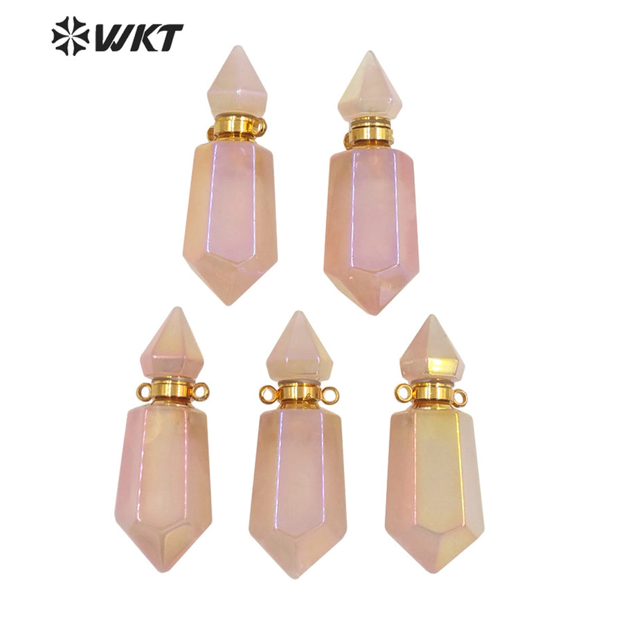WT-P1650 Amazing Double Point pink Aura Stone Perfume Bottle Pendant Long Spirit Quartz Stone Necklace Pendant for Girl Friend