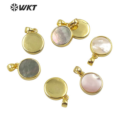 WT-JP186 Newest Stylish Gold Bezel Round Shell Pendant Elegant Tiny Charm Jewelry Round Natural Shell Pendant