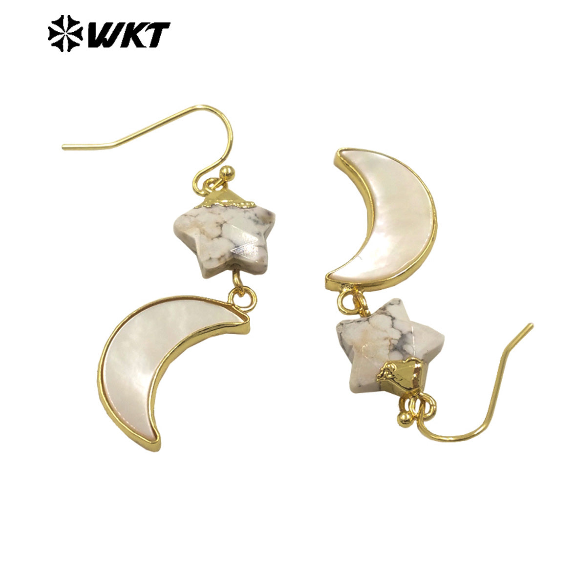 WT-MPE152 Lovely Design Natural Stone and Shell Star Earrings with Moon Shape Charms Gold Electroplated for Ladies Jewelry Gift
