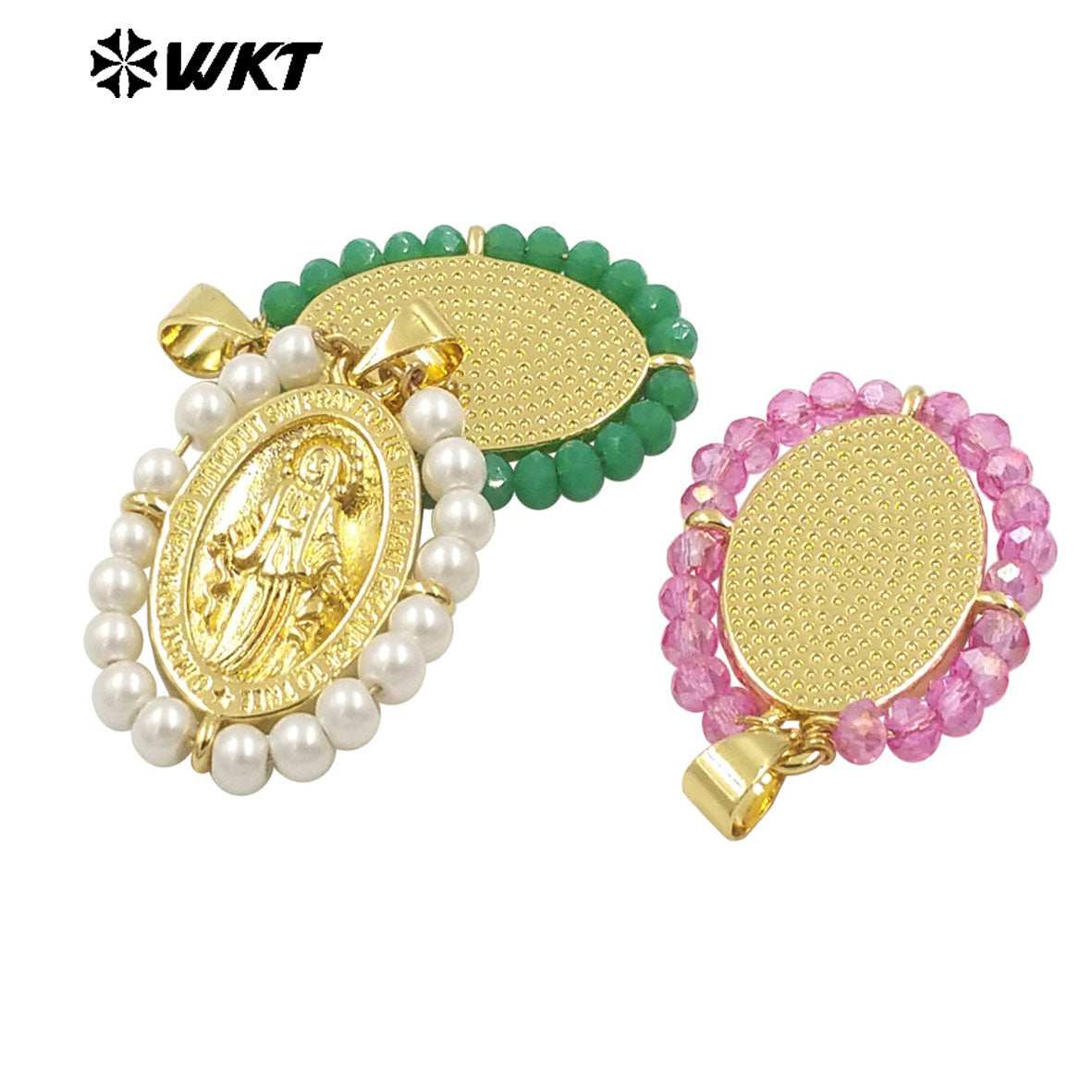 WT-MN985 WKT New Hot Design Christian Metal Carved With Colorful Crystal Beads Wire Wrapped Religious Necklace