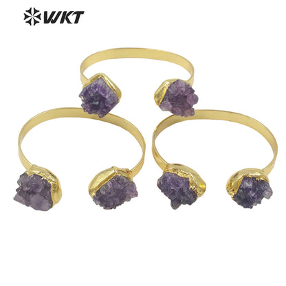 WT-B594 WKT 2022 Fashion Style Natural Amethyst Jewelry Stone Bracelet Opening Adjustable Gold Stone Bangle Women Jewelry