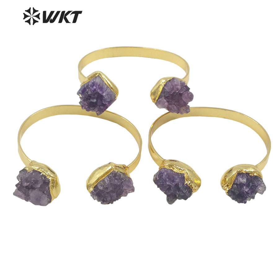 WT-B594 WKT 2022 Fashion Style Natural Amethyst Jewelry Stone Bracelet Opening Adjustable Gold Stone Bangle Women Jewelry