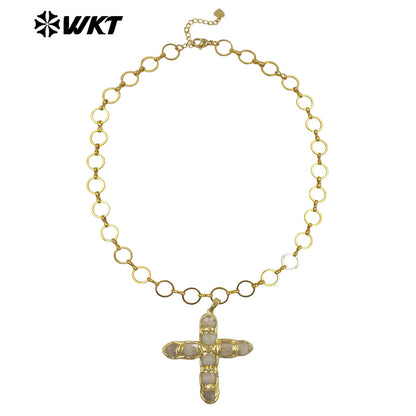 WT-N1491 Amazing High Quality Natural Gemstone Christian Necklace Cross Shape Gold Plated Circle Chain in Multi Colors