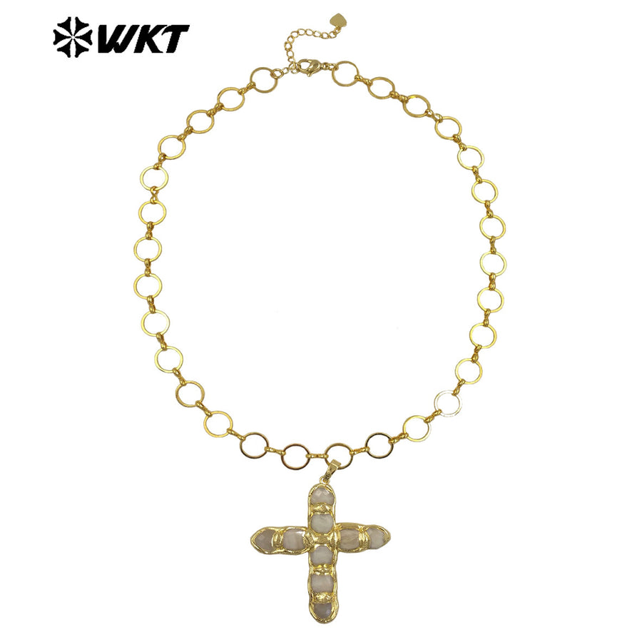 WT-N1491 Amazing High Quality Natural Gemstone Christian Necklace Cross Shape Gold Plated Circle Chain in Multi Colors