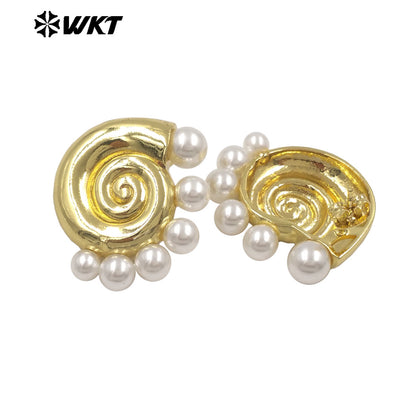 WT-ME130 Summer Hot Sales Gold And Silver Plated Brass With Artificial Pearl Shell Shape Earrings For Daily Casual Wearing