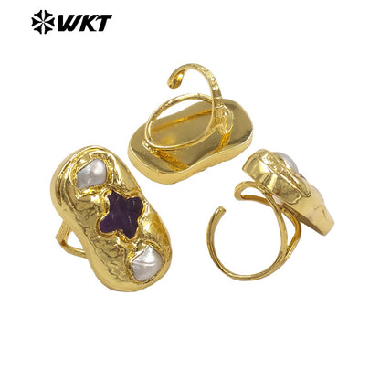 WT-MPR154 Exclusive Design Gold Plated Amethyst Natural Gemstone And Freshwater Pearls Cross Rectangle Rings For Party Jewelry