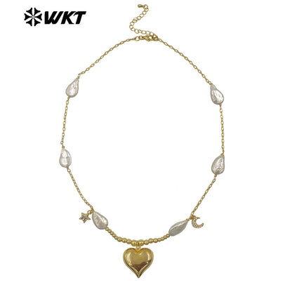 WT-JN320 New Sales Natural Freshwater Pearl Necklace With Gold Plated Heart Moon Star Charms Beautiful Jewelry Romantic Style