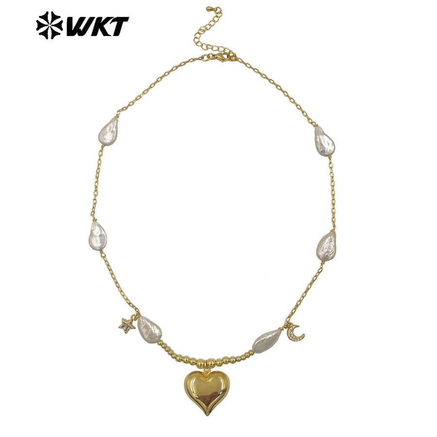 WT-JN320 New Sales Natural Freshwater Pearl Necklace With Gold Plated Heart Moon Star Charms Beautiful Jewelry Romantic Style