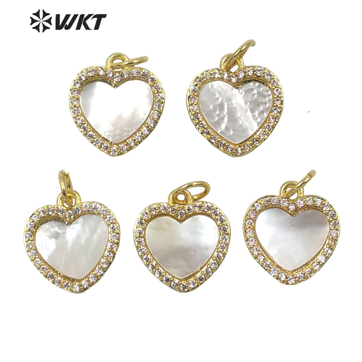 WT-MP199 Newest Tiny Charm Natural Mother of Pearl Shell With CZ Setting Lady Gold Bezel White Heart Charms in Shell