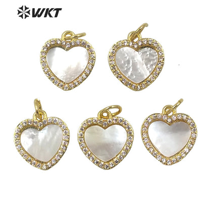WT-MP199 Newest Tiny Charm Natural Mother of Pearl Shell With CZ Setting Lady Gold Bezel White Heart Charms in Shell