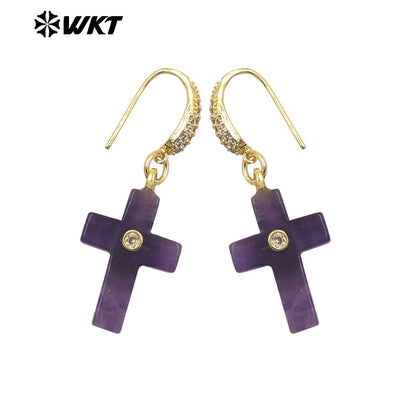 WT-E819 Popular Fashionable Zircon And Natural Gemstones Cross Design Gold Earrings As Female Wedding Matching Jewelry